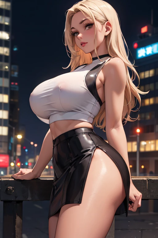 masterpiece, best quality, shadows, perfect hands, perfect legs, perfect anatomy, pretty face, mature features, 1 girl, 21 years old, MILF, mature woman, tight crop top, sexy leather skirt, city night background, white long hair, thighs, ass, breast, seductive, spicy, posing, cinematography lights,