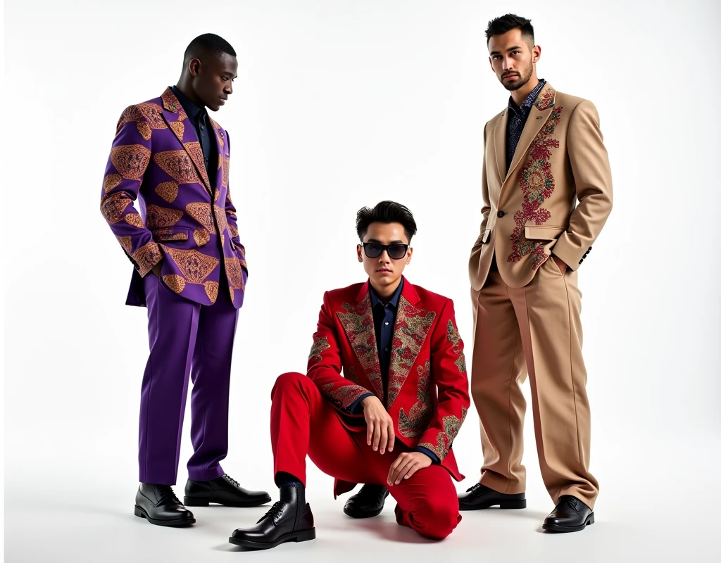 black guy wearing purple suit with african colorfull patterns standing side profile and looking back to the viewer , ((korean guy)) wearing red suit with chinese colorfull patterns sitting , ((turkish guy)) wearing beige suit with arabic colorfull patterns standing , cinematic ,((posing different poses)) white background , photo shooting ,models ,full body , oversize pants
