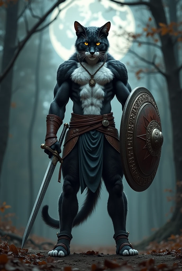 I want you to make an image of a humanoid feline holding a large shield On the left arm I put leather armor on it Now a long sword on the right arm The body is to have hair And I want the hair to be black and white