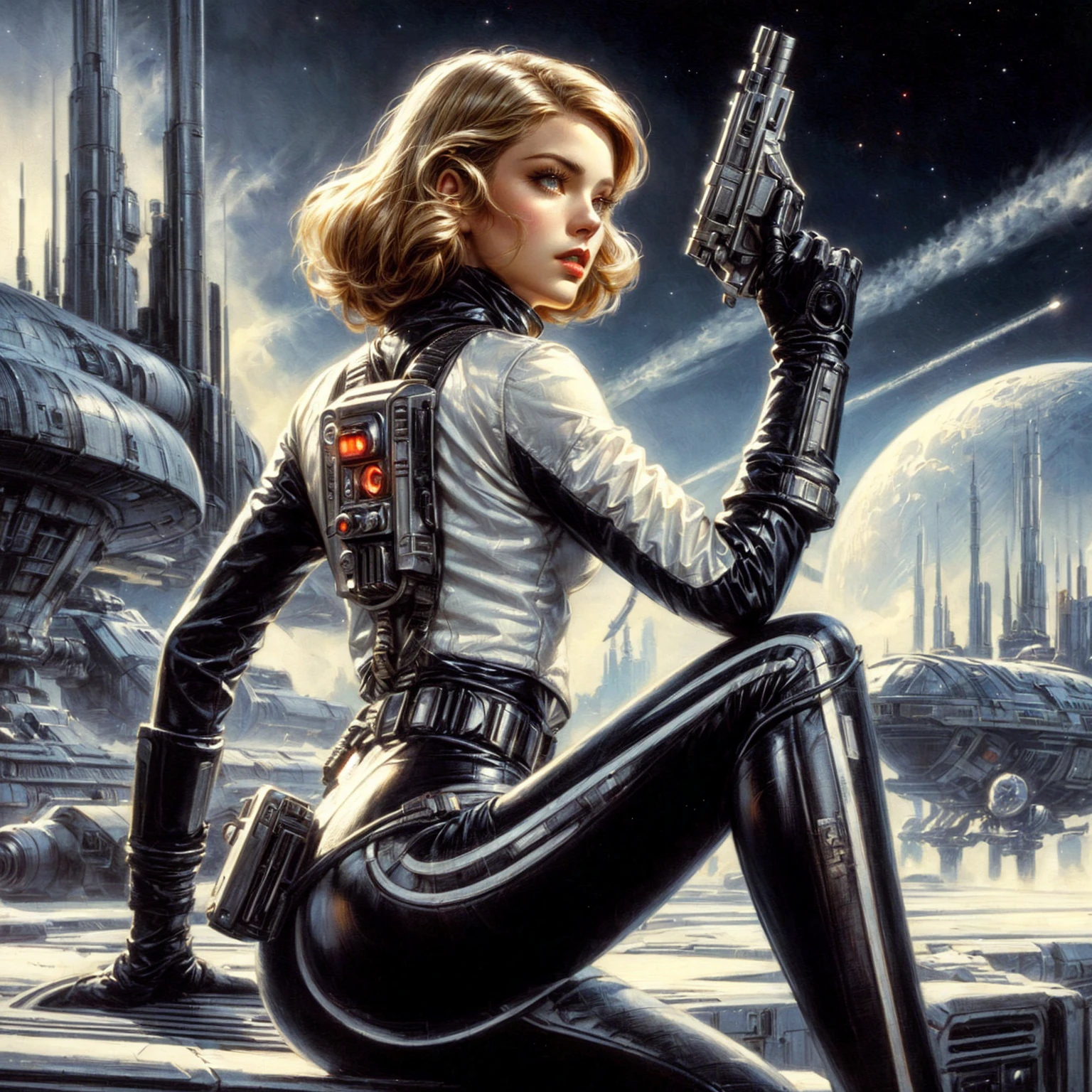 a close up of a woman in a black and white rubber outfit holding a gun, retro sci - fi art, jaina solo, an imperial agent from star wars, by Mark Brooks, detailed sci-fi art, vintage sci - fi art, inspired by Greg Hildebrandt, mara jade skywalker, solo female character, greg hildebrandt highly detailed, scifi woman, as a retro futuristic heroine