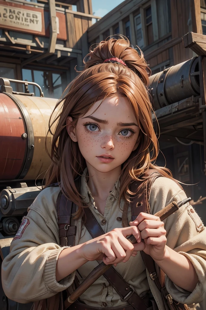 (Realistic:1.2), ultra detailed, modern analog style, photorealistic cute woman, chestnut hair, tattered outwear, post-apocalyptic, detailed face, beautiful eyes, (shy smile:0.7), freckles, holding a big staff, exhausted after another battle, dramatic, vibrant, sharp focus, looking directly to the camera, centered image, elegant, approaching perfection, hyper realystic, bokeh, cannon 6d, blured post-apocalyptic background