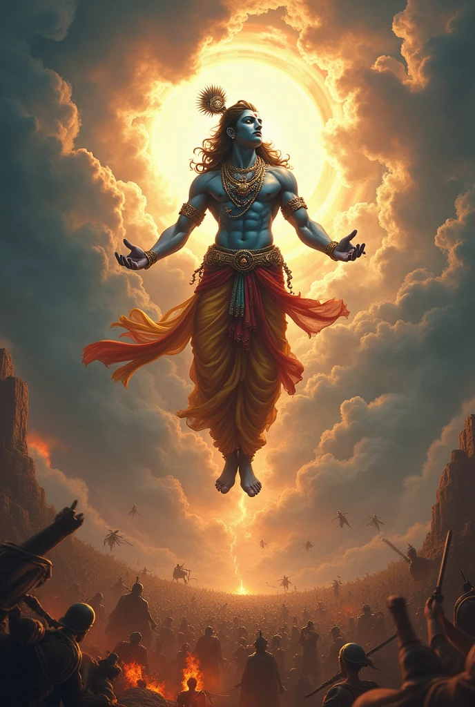 Shree big krishan name's lord, danger background ,full photo Mahabharat , flying sky,earth and sky with photo ,danger