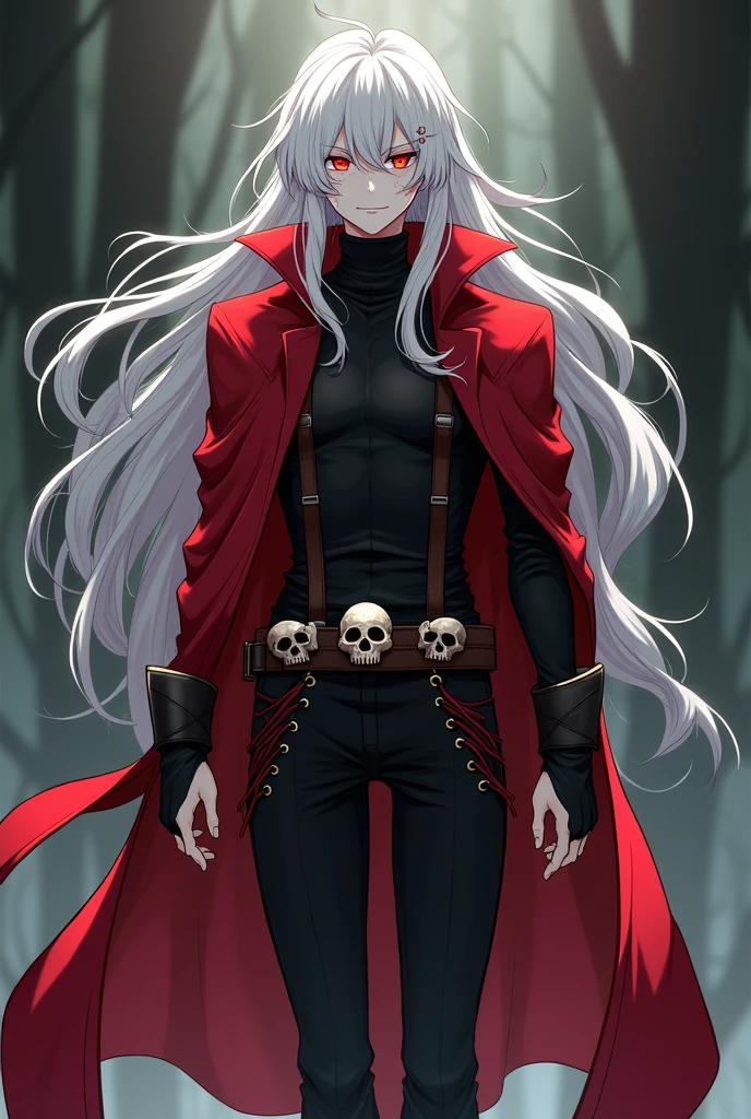 Raise a man. This man will be tall, with pale skin, long, white hair. He will have red eyes, a wistful smile, and a defined jawline. He will be tall and slender, with broad shoulders and a defined physique. He will wear a red overcoat, with a black shirt underneath and some brown straps. His pants will be black, with a belt with small skulls. He will wear black boots, with red laces. There will be bloodstains on your face. HE IS YOUNG. ANIME STYLE. HE'S NOT CUTE!!!