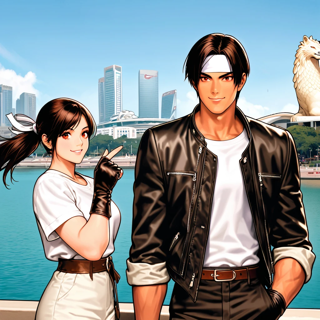 color change, couple, dark skin, red eyes, ((rolled up black jacket)), fingerless gloves, black hair, white t-shirt, ((white headband)), black pants, white shoes, brown belt, handsome, photo, attractive, masterpiece, high resolution, detailed face, fine grain, confident smile ,looking at merlion park Background , Singapore, man and woman, smiling looking up at sky, man and woman same hairstyle and clothes, peace sign, blue sky, drinking juice, Day,
