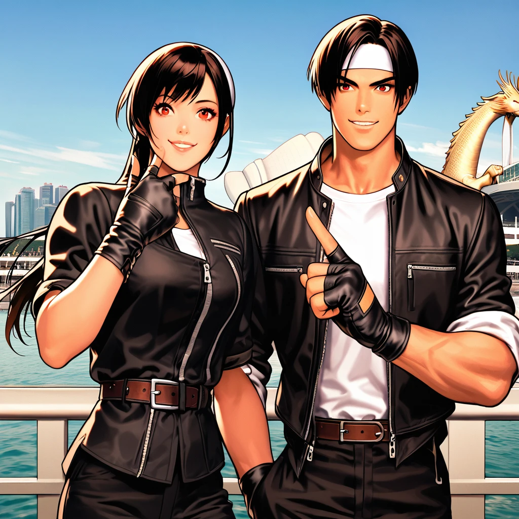 color change, couple, dark skin, red eyes, ((rolled up black jacket)), fingerless gloves, black hair, white t-shirt, ((white headband)), black pants, white shoes, brown belt, handsome, photo, attractive, masterpiece, high resolution, detailed face, fine grain, confident smile ,looking at merlion park Background , Singapore, man and woman, smiling looking up at sky, man and woman same hairstyle and clothes, peace sign, blue sky, drinking juice, Day,