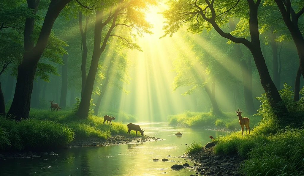 A breathtaking scene of a reborn world, with vibrant green forests, crystal-clear rivers, and a golden sunrise. The presence of divine light blesses the land, and all creatures live in harmony. The atmosphere is peaceful, with a sense of hope and renewal.