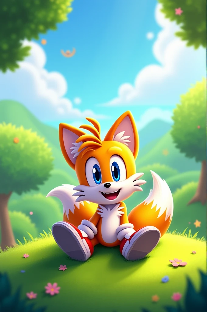 Tails Prower, Miles Prower, solo, looking at viewer, smile, 1boy, sitting full body,
