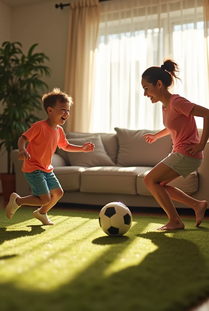 Boy scores a goal against his mom, who is the goalkeeper in their house