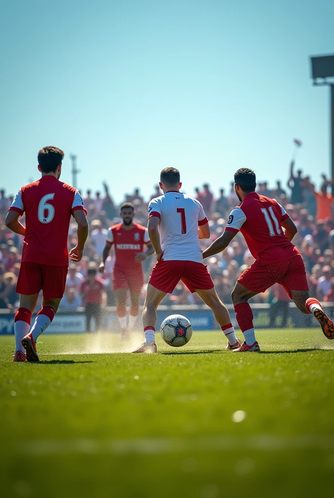 Football players playing football wearing red and white jerseys from behind photographed