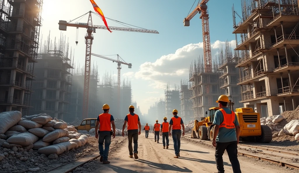 detailed construction workers, heavy machinery, construction site, cranes, excavators, bulldozers, scaffolding, hard hats, construction materials, cement mixer, forklift, flag of the country, dynamic composition, cinematic lighting, realistic textures, 8k, ultra-detailed, photorealistic, masterpiece