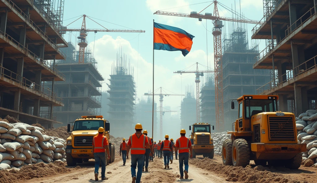 detailed construction workers, heavy machinery, construction site, cranes, excavators, bulldozers, scaffolding, hard hats, construction materials, cement mixer, forklift, flag of the country, dynamic composition, cinematic lighting, realistic textures, 8k, ultra-detailed, photorealistic, masterpiece