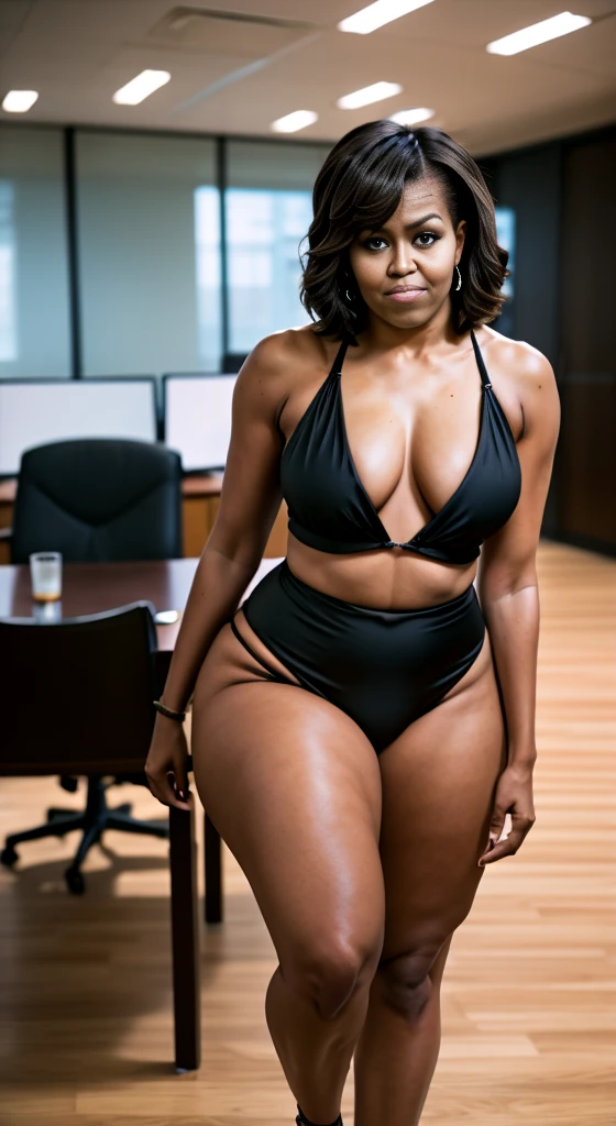 MOBAMA, stunning intricate full color portrait, wearing a black bikini, in an office setting, epic character composition, by ilya kuvshinov, sharp focus, natural lighting, subsurface scattering, f2, 35mm, film grain, 