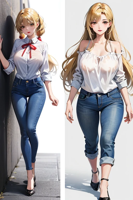 (Best Quality)), ((masterpiece)), (detailed), 1 girl, with tight blue jeans, red strappy blouse, neckline, big breasts, blonde, Chinese hair, Brown eyes,((Whole body)),((Front view)),((in love))