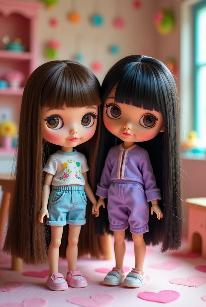  two blythe dolls, one with straight, long hair NOT bangs, Dark brown hair, light brown eyes, smiling y de mirada tierna, with light blue clothes Another blythe doll with black hair, With bangs, dark brown eyes, smiling, tender look and purple clothes, both with long hair and prettier
The one with brown hair without bangs, They are the most beautiful and cute, and they are friends, the one with brown hair no bangs, no bangs, no bangs, no hair on the forehead, pelo cafe NOT BANGS, looking to the camera, the one with brown hair NOT BANGS, no bangs, no bangs 