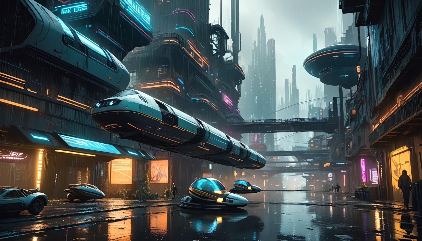 a futuristic city, canals in the streets, neon lights, rusty buildings, inspired by Bill Sienkiewicz and Dave McKean, dark moody atmosphere, dramatic lighting, cinematic, ultra-detailed, 8k, photorealistic, masterpiece, highly intricate, concept art, muted colors, vibrant neon accents, gritty, cyberpunk, moody, atmospheric, complex architecture, advanced technology, hover cars, floating platforms, dystopian future, rainy weather, wet reflective surfaces