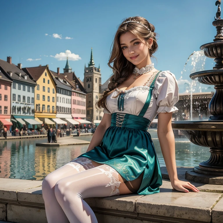 (masterpiece, best quality:1.5), highest quality, High resolution, super detailed, Realists, A torso photo of a 22-year-old brunette woman, detailed and beautiful eyes, beautiful detailed lips, very detailed eyes and face, longeyelashes, A 22-year-old woman in a beautiful short shimmering satin dirndl, Details in the dress fabric, Beautiful and colorful makeup, elegant and noble々Pose, hairband, ponytail hairstyle, Munich as a backdrop, bright daylight, bright colors, fine brushstrokes, Portrait style, beautiful color palette, glowing skin, First-class rendering, that captures every detail, enchanting atmosphere, (perfect anatomy:1.2), (The breathtaking woman wears a beautiful short silver dirndl with stockings.. smiling in love and full of joy for the festival, nice legs. She sits on the fountain and presents her stockings and beautiful shoes (magnificent panorama view:1.2)