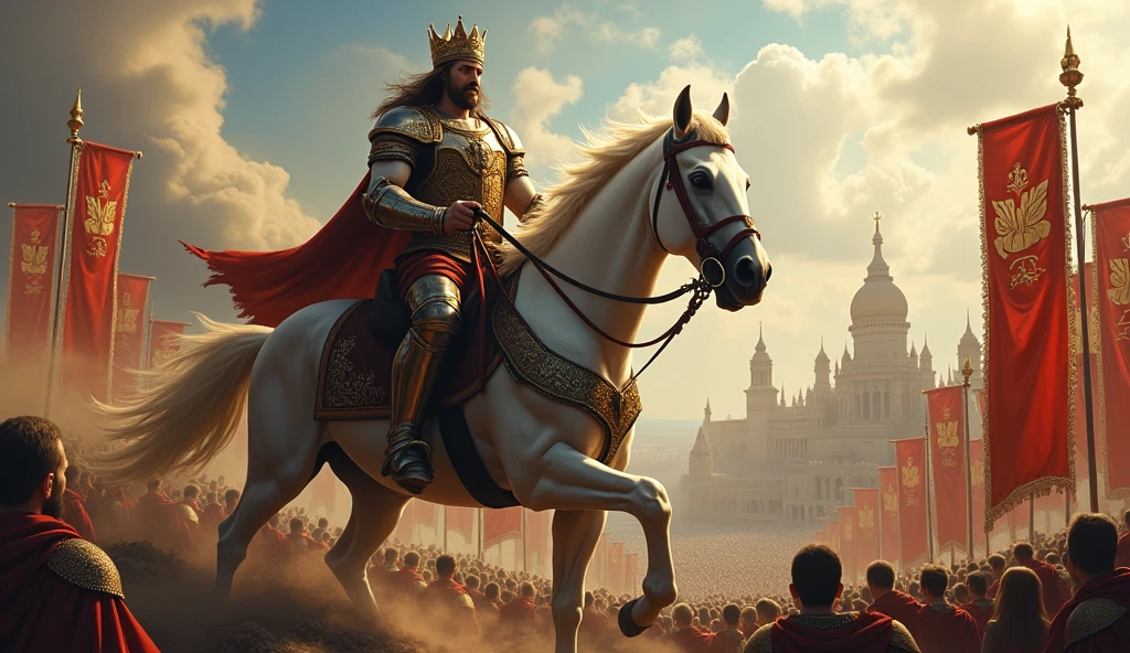 Close-up of the first Horseman of the Apocalypse, representing Conquest. He rides a majestic white horse, wearing a gleaming crown and holding a bow with a single arrow notched. His expression is one of determination and authority, his eyes focused on a distant, unseen goal. The background shows cities under his control, with banners flying and people kneeling in submission.