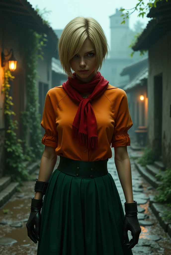 ashley blonde hair short to the cheek,Red scarf,orange shirt,green skirt,resident evil 4.