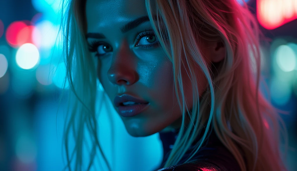 ((best quality)), ((masterpiece)), (detailed), ((background Cyber)), wet look, ((blond long Hair)), ((Intricate detailing, in the night time, Contre-Jour, random neon color, View from afar, random pose, blue latex bodysuit, face focus, hell picture, light face, big boobs)), (face brightly lit)