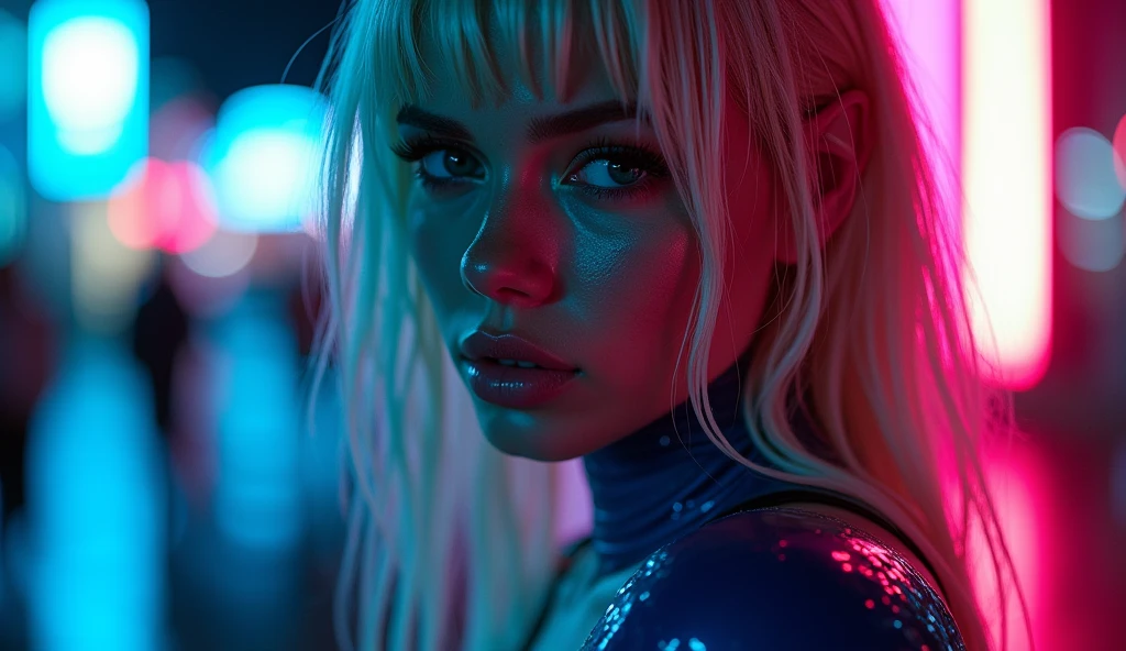 ((best quality)), ((masterpiece)), (detailed), ((background Cyber)), wet look, ((blond long Hair)), ((Intricate detailing, in the night time, Contre-Jour, random neon color, View from afar, random pose, blue latex bodysuit, face focus, hell picture, light face, big boobs)), (face brightly lit)