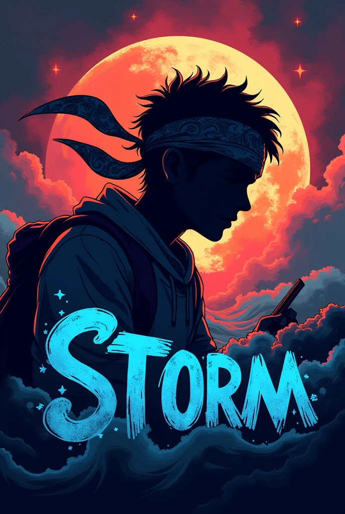 Logo de streamer silhouette jouant au jeu vidéo avec marqué storm
Mais un peu plus sombre dans le style One Piece Avec des écritures rondes, la silhouette aura un bandeau