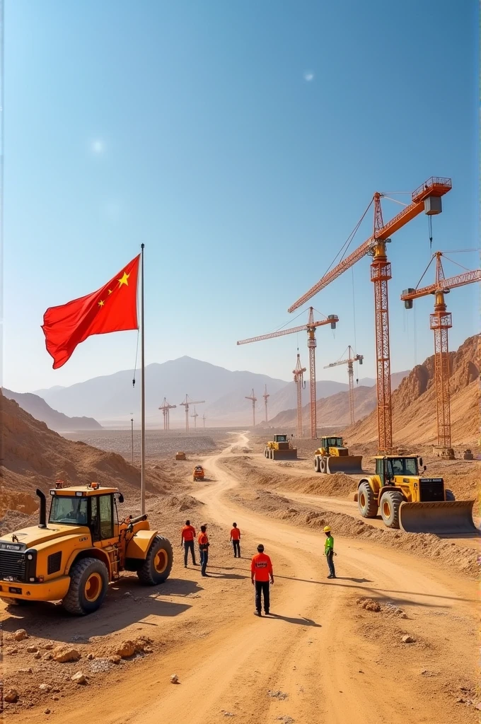 Create an image with various builders and construction machines with the Chinese flag in the Klamanan desert