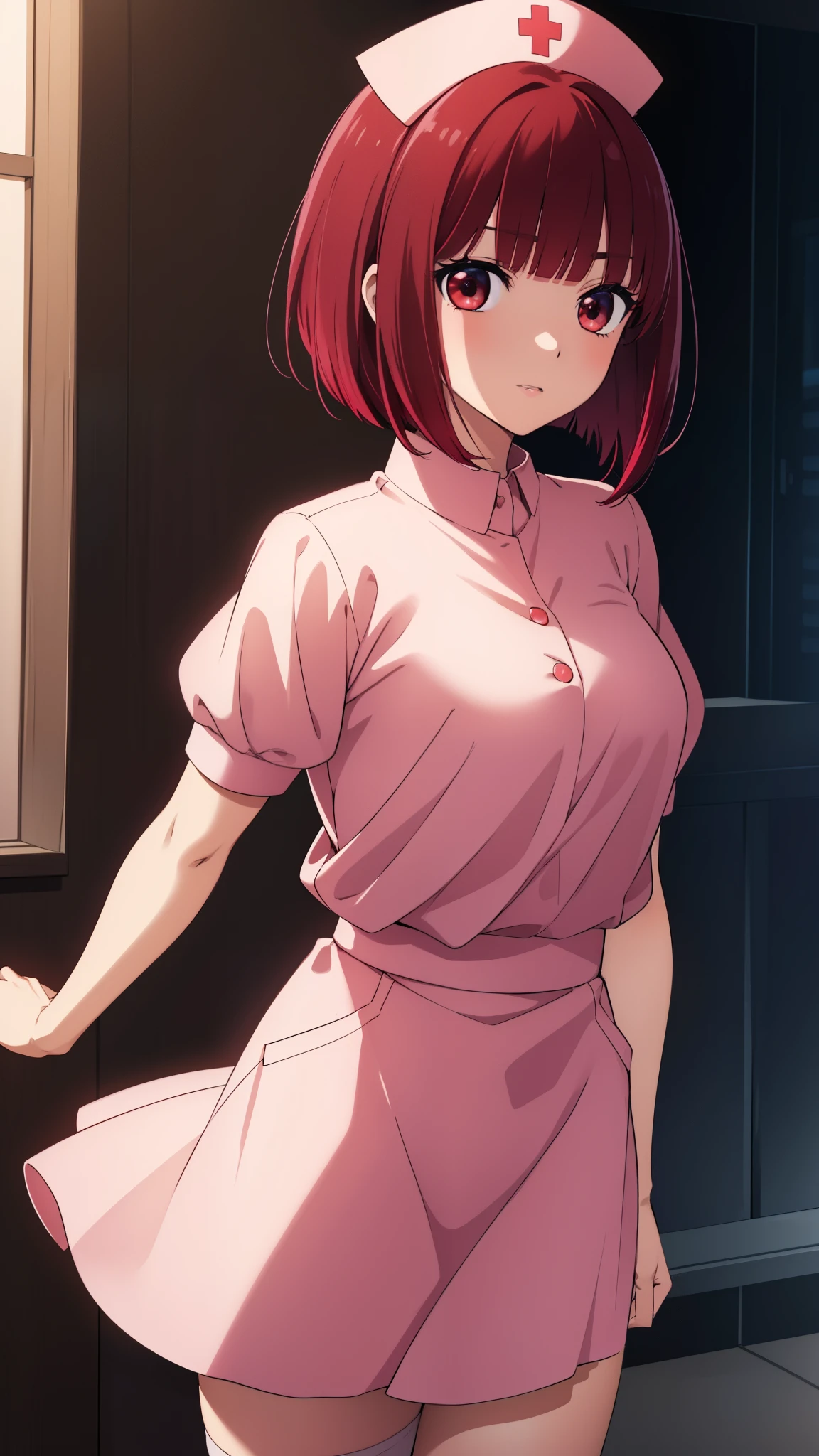 Arima maybe, Arima maybe, bob cut, (red eyes:1.5), redhead, short hair, , nurse cosplay，nurse，hair in the wind，garter、thighs，，sexy，skirt，White nurse uniform，
break looking at viewer,
break indoors, hospital,
break (masterpiece:1.2), highest quality, High resolution, unity 8k wallpaper, (shape:0.8), (beautiful and detailed eyes:1.6), highly detailed face, perfect lighting, Very detailed CG, (perfect hands, perfect anatomy),