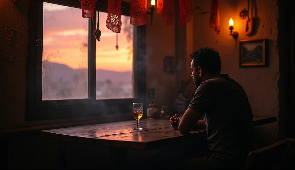 in a cantina amidst smoke and liquor a 30-year-old man absorbed in his thoughts, He holds a nearly empty glass in his hands, while looking through a window where the twilight can be seen on the horizon, 16:9, very detailed shadows and lights accentuate the melancholic atmosphere of the scene, classic atmosphere of a 1950s style Mexican cantina