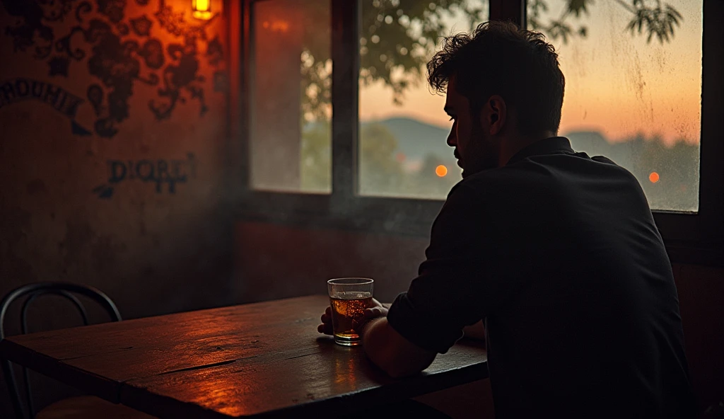 in a cantina amidst smoke and liquor a 30-year-old man absorbed in his thoughts, He holds a nearly empty glass in his hands, while looking through a window where the twilight can be seen on the horizon, 16:9, very detailed shadows and lights accentuate the melancholic atmosphere of the scene, classic atmosphere of a 1950s style Mexican cantina