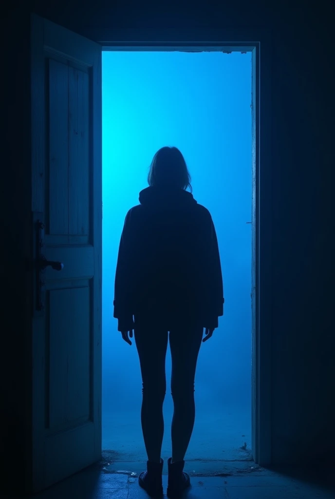 The silhouette of a person passing through a door, where the white light is in the crack and the place where the person is leaving is in blue
