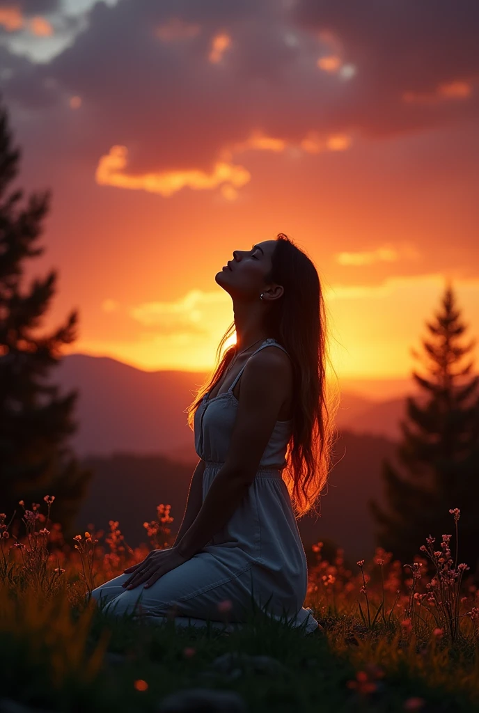 Create an image of a woman kneeling with her hands raised towards the sky at sunset, crying.