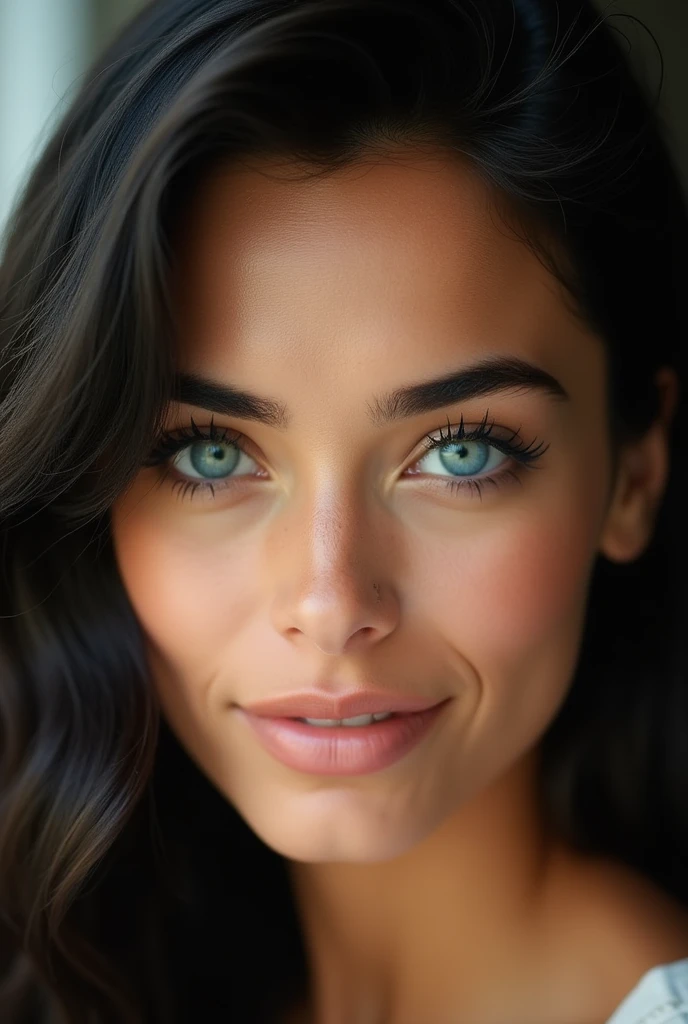 Imagine a woman with a face that exudes a striking and captivating beauty. Her eyes are a vivid, enchanting blue, like emeralds glistening in the sunlight, with a depth that draws you in. They are framed by long, dark lashes that accentuate their brilliance. Her skin is  sun tan, , almost delicate appearance.

Her hair is a rich, black, side-swept look that catch the light and seem to shimmer with every movement. The black tones contrast beautifully with her fair skin and make her blue eyes stand out even more. Her eyebrows are perfectly arched, matching the hue of her hair, and add a sense of balance and symmetry to her face.

Her lips are full and naturally rosy, curving into a gentle, inviting smile that radiates warmth and kindness. Her cheekbones are high and well-defined, adding a sense of structure and elegance to her face. The overall effect is one of stunning, timeless beauty, a face that you would remember and admire long after seeing it.r, 