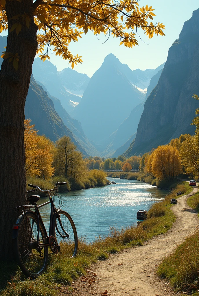 A vintage picture, no people, nature, mountain, river, trees, cars,bicycle