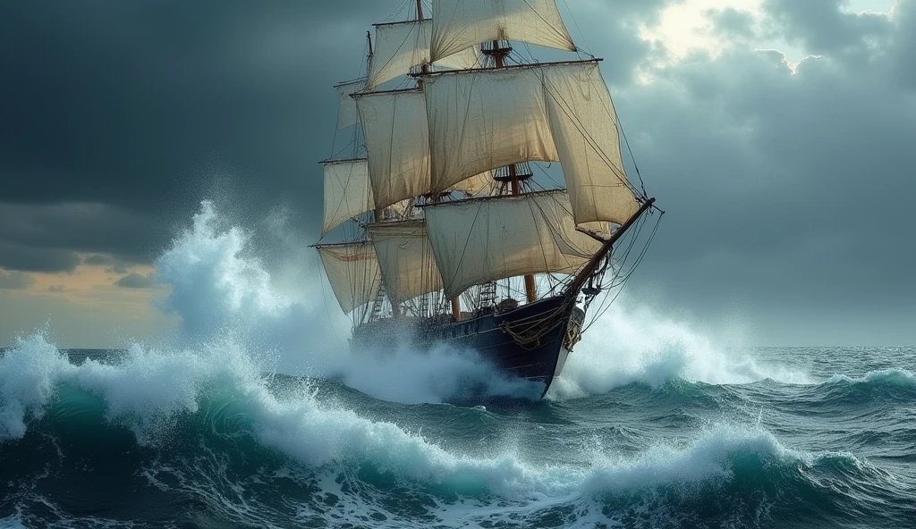 A picture of an old sailing ship amidst rough waves, under a dark, cloudy sky.