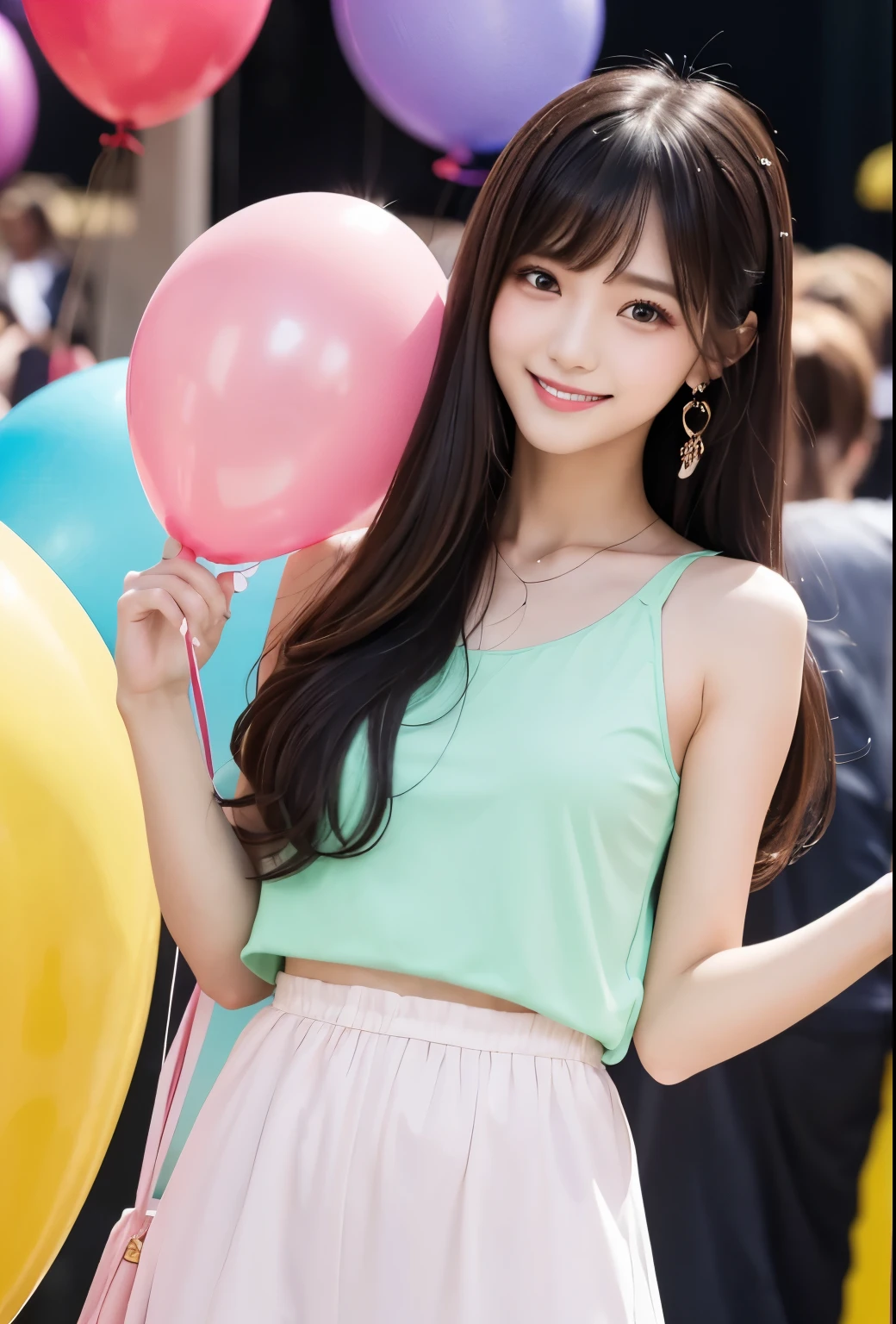 masterpiece、Highest quality、whole body、One Girl、bangs、Japanese、Long Black Hair、Long Hair、Gazing at the audience、Tank top、balloon、smile、alone、Stylish woman、Pastel colored outfits、front、Luxury background elements、Confident expression、Modern and trendy、Fashion focused