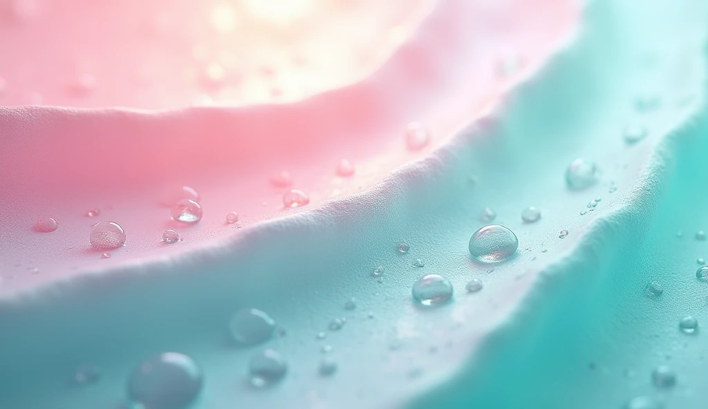 Textured surface with a gradient of pink and turquoise shades, accented with light and water droplets, creating a calm atmosphere