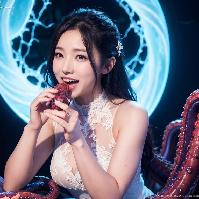 Medium Size Display, Medium Shot, Written boundary depth, Upper Body, Movie angle, masterpiece, Highest quality, Very detailed, CG, 8k wallpaper, Beautiful Face, Delicate eyes, Otome, alone, smile, Has tentacles, Wedding dress, Tentacles all around、woman with tentacles、Octopus、open mouth,(((Eating tentacles)))