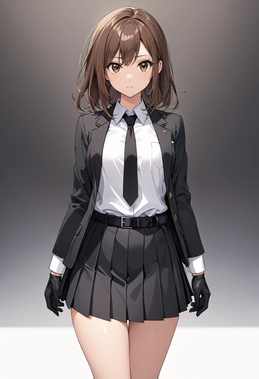 Black miniskirt , pleated skirt , black shoes ,whole body , thighs , brown hair , brown eyes , bare legs , face , Black gloves , White shirt , black tie , button open blazer , standing posture , black belt , close up