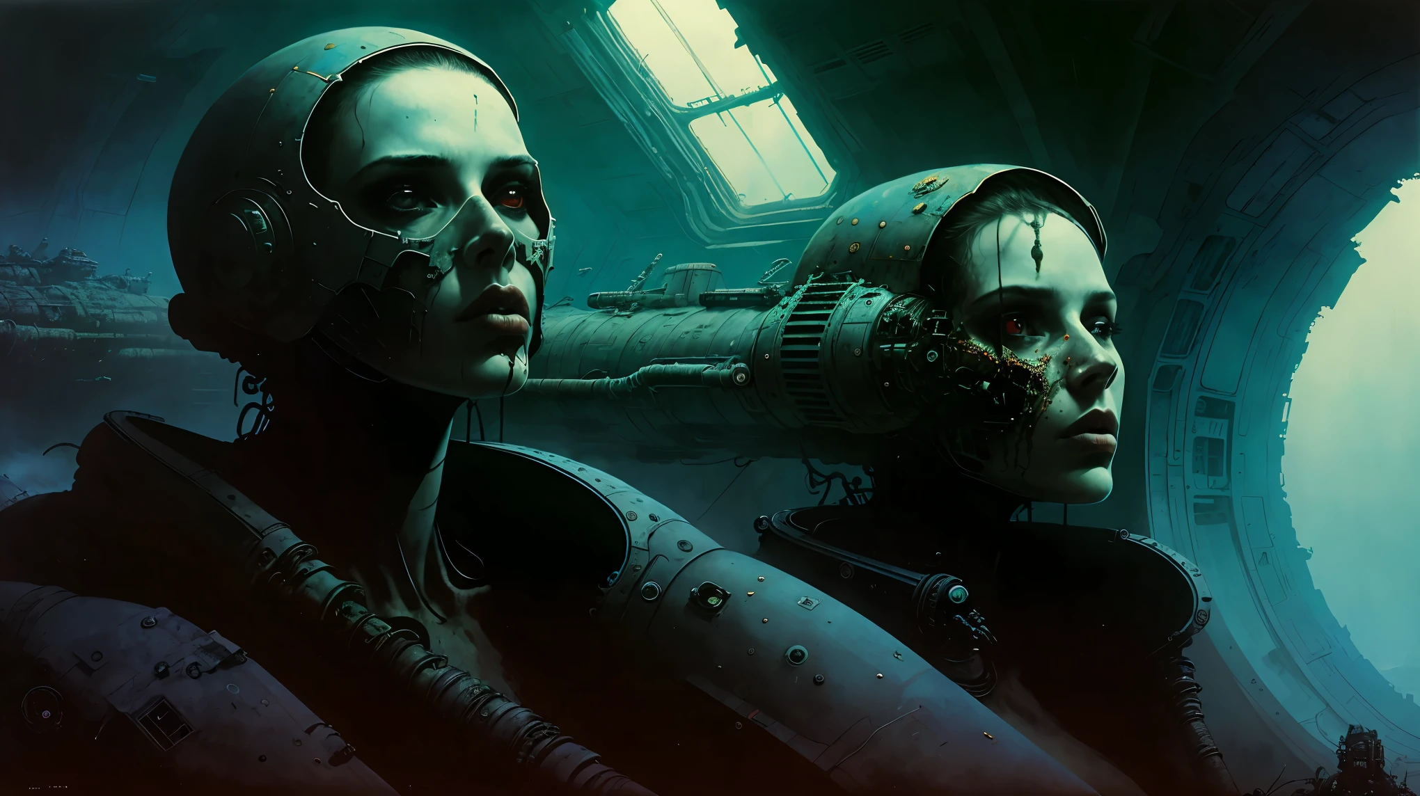 dramatic close-up shot, (beautiful woman:1), replikant, inside an abandoned space station science fiction, complex parts, high contrast,
(Beksinski'work, methurlant), cinematic, cinematic light, filling the frame, vibrant, star wars style, decrepit space station, as if shot on Kodak Porta 400 and Cinestill 800 film, with a Leica M10 camera, yielding a distinct, filmic quality.