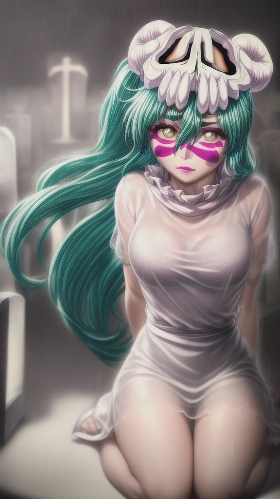 1girl, nelliel tu odelschwanck, long hair, green hair, (facial mark:1.5), skull, (brown eyes:1.5), green hair,
(graveyard:1.5),(in the rain),(yokozuwari),sitting,1girl,(hands behind back),(dark skin:1.3),(full body:1.2),luminous eyes,medium,white clothes,backlighting,light rays,(high contrast),(colorful),(red eyeshadow:1.2),(pink lips),(hyper detail long see-through Lace Round Gothic funeral Dress:1.2),(hair flower), sad face,tears on face,closed mouth, green hair,colored inner hair,(ear piercing),absurdly long hair,ponytail,veil, hair blowing in the wind