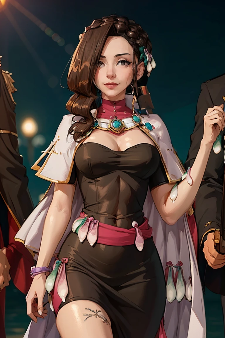 8k, ray tracing, vibrant colors, (1girl), (solo:1.4), (justine courtney:1.8), hair over one eye, braid, black dress, (tight bodycon dress), white cape, brown hair, brown eyes, milf, large breasts, masterpiece, sharp focus, Best Quality, depth of field, cinematic lighting, very detailed clothes, (used condoms, condom belt, used condom belt, condom hair ornament:1.6), (abs), ((seductive smile)), Perfect eyes, perfect hair, Rich in details and textures, masterpiece, Best Quality, beautiful girl, Sun light, chiaroscuro, (perfect hands:0.7, Clean hands:0.7), ((((Professional photography)))), ((Dream)), Whole body
