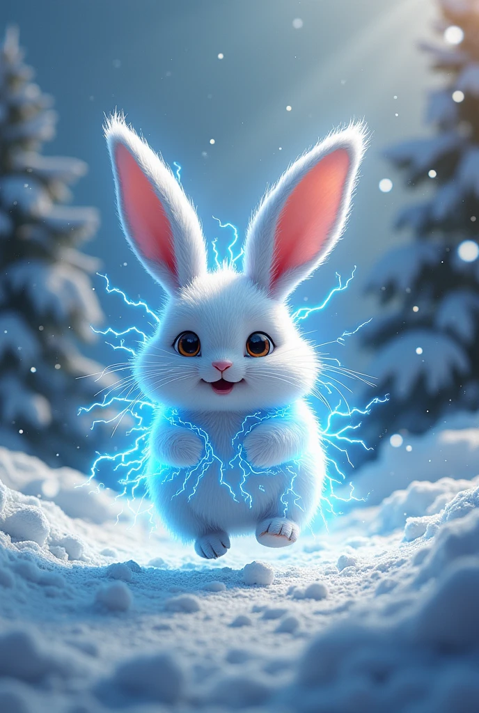 Electric rabbit with lightning, harsh winter, cartoons
