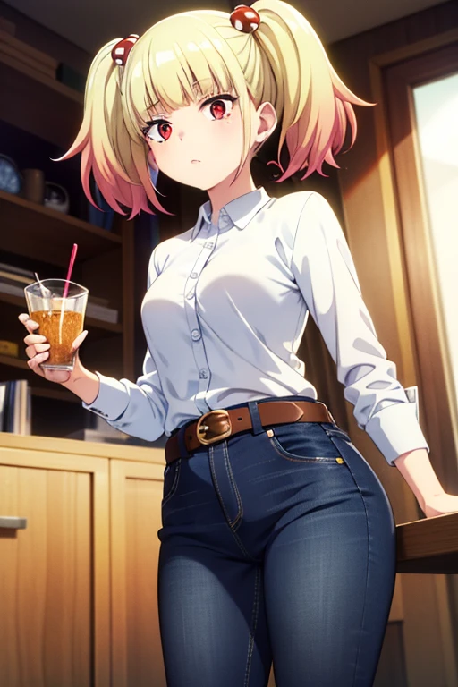 ((masterpiece)),(best quality),official art,extremely detailed CG,unity 8k wallpaper,ultra detailed,beautiful detailed eyes,extremely detailed face,1girl,solo,cowboy shot,looking at viewer,niguredou julia,multicolored hair,gradient hair,pink hair,blonde hair,twintails,food-themed hair ornament,mushroom hair ornament,red eyes,white shirt,long sleeves,jeans skirt,belt