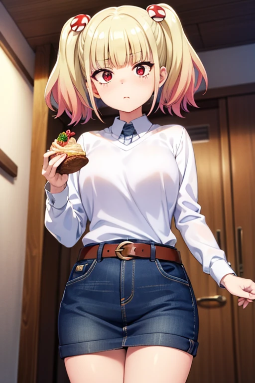 ((masterpiece)),(best quality),official art,extremely detailed CG,unity 8k wallpaper,ultra detailed,beautiful detailed eyes,extremely detailed face,1girl,solo,cowboy shot,looking at viewer,niguredou julia,multicolored hair,gradient hair,pink hair,blonde hair,twintails,food-themed hair ornament,mushroom hair ornament,red eyes,white shirt,long sleeves,jeans skirt,belt