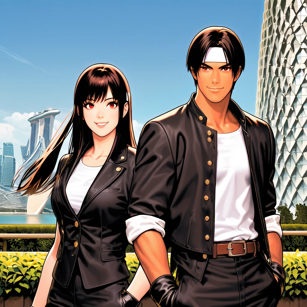 Color change, couple, dark skin, red eyes, ((rolled up black jacket)), fingerless gloves, black hair, white t-shirt, ((white headband)), black pants, white shoes, brown belt, handsome, photo, attractive, masterpiece, high resolution, detailed face, fine grain, confident smile , Gardens by the Bay background , Singapore, man and woman, smiling looking up at the sky, man and woman same hair and clothes, peace sign, blue sky, drinking juice, day,