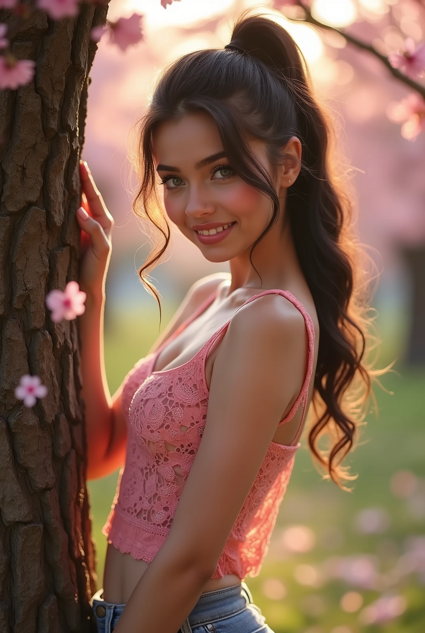 Masterpiece, very beautiful woman, perfect body, (pink tank top :1.3) with lace extremely detailed, wearing a denim shorts, posing for photo, smiling seductively, excited, ponytail dark blonde hair, round face, big green eyes, glitter eyes, slight curvy details, Perfect Round titts, without bra, in a park, cherry blossoms, on the side from a tree, spring day, falling flowers, sunrise light, volumetric sun light, fog, sunbeams