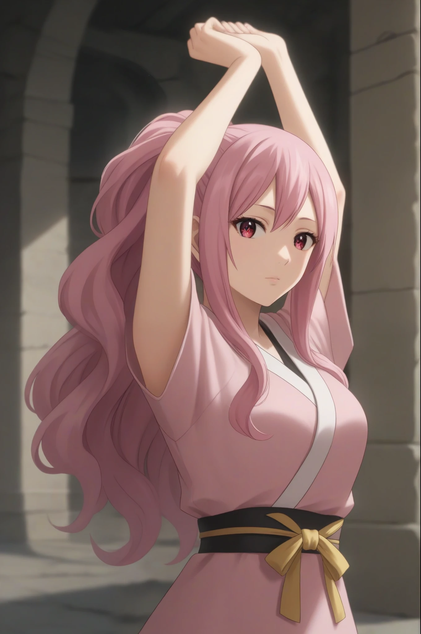 score_9, score_8_up, score_7_up, source_anime, rating_safe, , semi-realistic, looking at viewer, depth of field, 1girl, solo, meredy_fairy_tail, pink hair, pink eyes, long hair, ponytail, asymmetrical, ancient ruins, indoors, arms above head, sparkling eyes, pink kimono, 