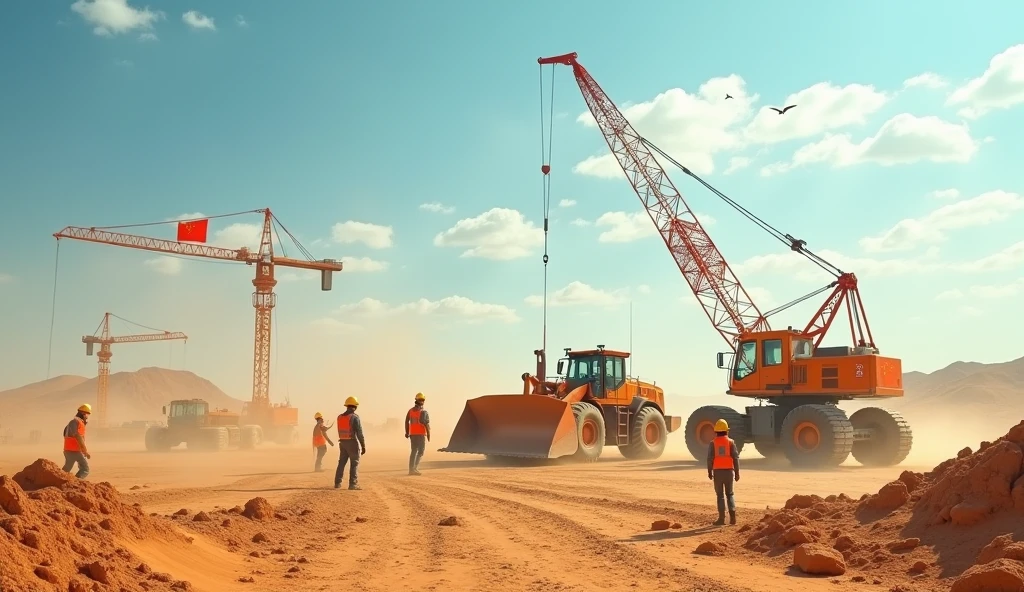 Create an image with multiple builders and construction machines with the Chinese flag in the desert