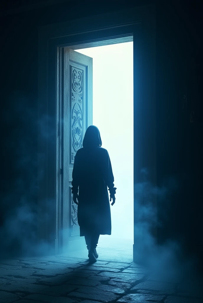 The silhouette of a person passing through a door, where the white light is outside the door and the one where the person is leaving is blue
