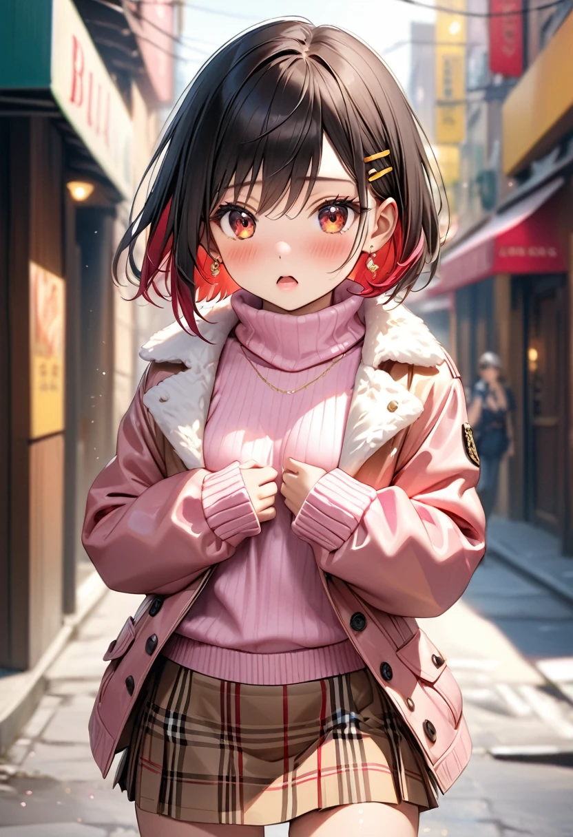 (8k, RAW Photos, Highest quality, masterpiece: 1.2), masterpiece, Super Detail,Best lighting, (Realistic and photorealistic photography: 1.4), High-resolution RAW color photos, Background Blur, blush, Depth of written boundary,1 young cute girl, Hair between the eyes,short hair,Black Hair,(red inner hair with yellow hairpin),red eyes,Highly detailed mouth,short,young,10 years old,medium breasts,small earrings,(Oily skin:1.5,Glowing Skin),glitter skin,whole body,Embarrassing,hands on chest, (blush, surprised),at city alley, ((white high neck fur jacket, closed jacket, pink sweater, brown burberry check mini skirt)), boots, Exposing the abdomen